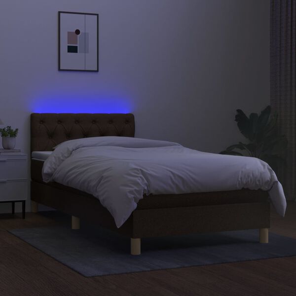 vidaXL Cama box spring con colch&oacute;n LED tela marr&oacute;n oscuro 80x200 cm