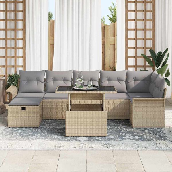 vidaXL Conjunto de sof&aacute; de jard&iacute;n con coj&iacute;n 8 pcs Beige Polirat&aacute;n