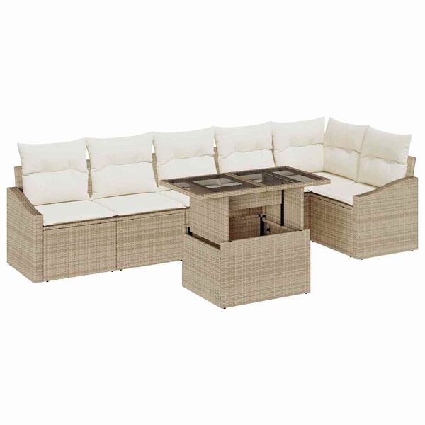 vidaXL Conjunto de sof&aacute; de jard&iacute;n 7 pcs Beige y Crema rat&aacute;n sint&eacute;tico