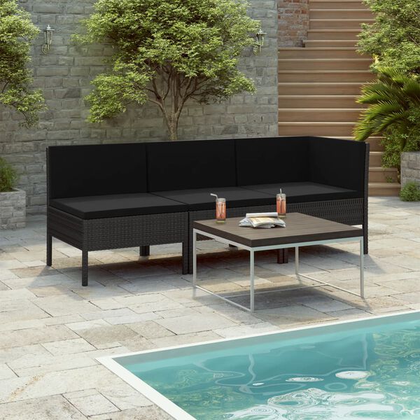 vidaXL Set de muebles de jard&iacute;n 3 pzas y cojines rat&aacute;n sint&eacute;tico negro