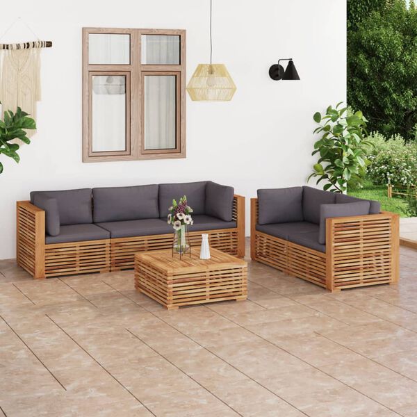 vidaXL Muebles de jard&iacute;n 6 pzas cojines gris oscuro madera maciza teca