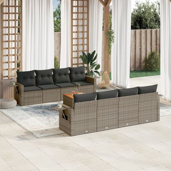 vidaXL Set de muebles de jard&iacute;n 9 pzas y cojines rat&aacute;n sint&eacute;tico gris