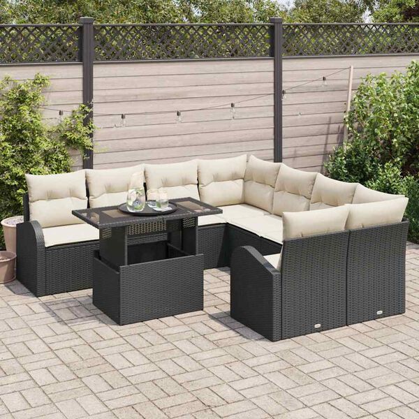 vidaXL Conjunto de sof&aacute; de jard&iacute;n 9 pcs Negro Rattan de Poli&eacute;ster