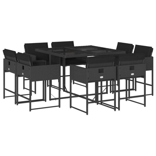 vidaXL Set de comedor de jard&iacute;n 9 pzas y cojines rat&aacute;n sint&eacute;tico negro