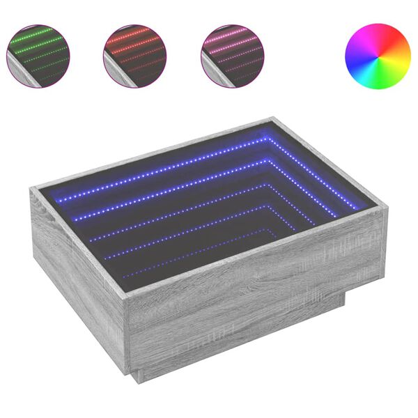 vidaXL Mesa de centro y LED madera ingenier&iacute;a gris Sonoma 70x50x30 cm