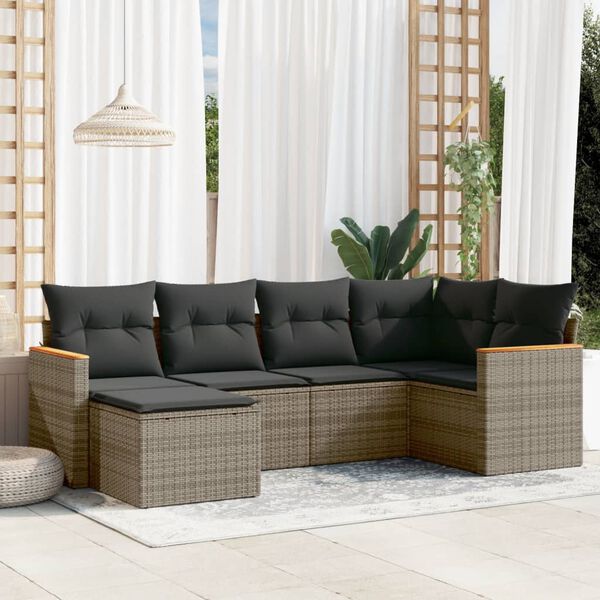vidaXL Set de muebles de jard&iacute;n 6 pzas y cojines rat&aacute;n sint&eacute;tico gris