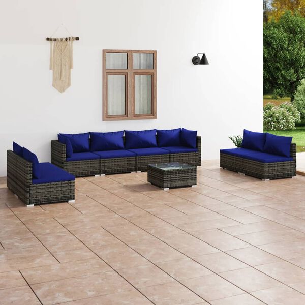 vidaXL Set de muebles de jard&iacute;n 9 pzas y cojines rat&aacute;n sint&eacute;tico gris