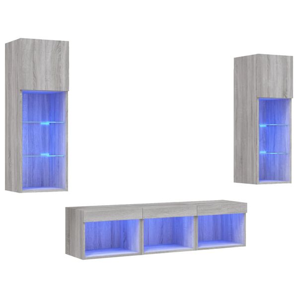 vidaXL Muebles TV pared con LED 5 pzas madera ingenier&iacute;a gris Sonoma
