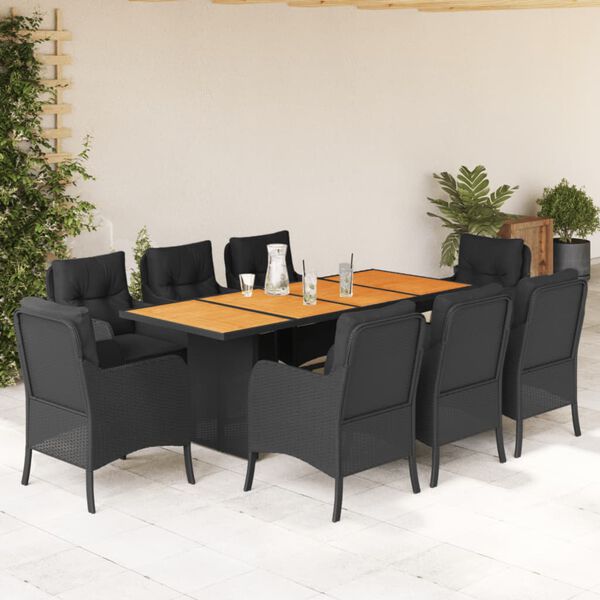 vidaXL Set de comedor de jard&iacute;n 9 pzas y cojines rat&aacute;n sint&eacute;tico negro