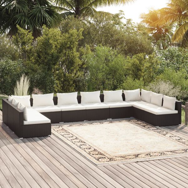vidaXL Set de muebles de jard&iacute;n 10 pzas cojines rat&aacute;n sint&eacute;tico negro