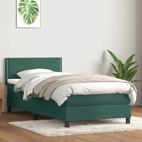 vidaXL Cama box spring con colch&oacute;n y LED terciopelo verde oscuro 90x220 cm