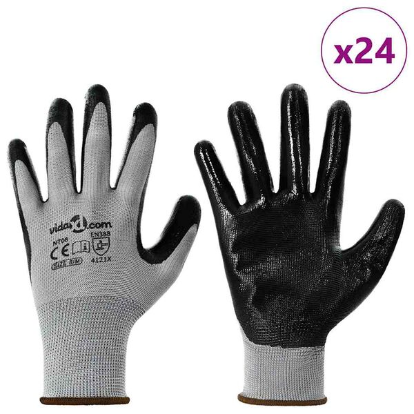 vidaXL Guantes de Trabajo 24 pcs Gris y Negro 8 / m Poli&eacute;ster