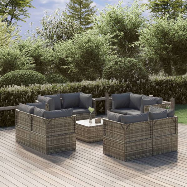 vidaXL Set de muebles de jardín 9 pzas y cojines ratán sintético gris