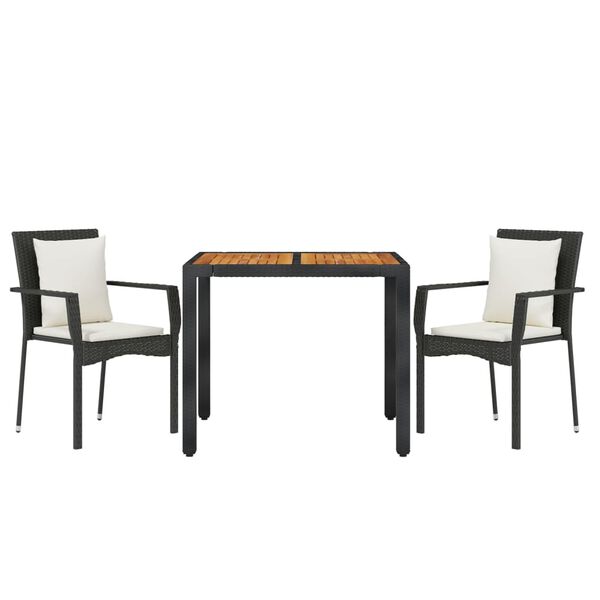 vidaXL Set comedor de jard&iacute;n 3 pzas con cojines rat&aacute;n sint&eacute;tico negro