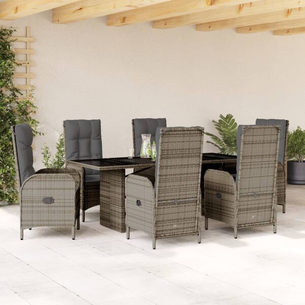 vidaXL Set comedor jard&iacute;n 7 pzas y cojines rat&aacute;n sint&eacute;tico gris