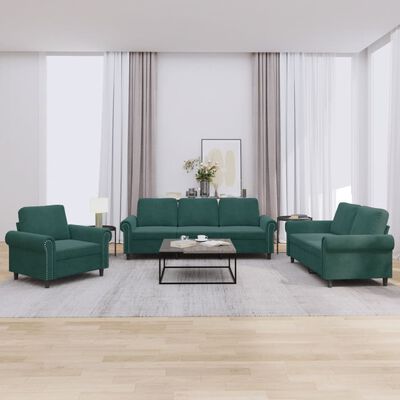 vidaXL Juego de sofás con cojines 3 piezas terciopelo verde oscuro