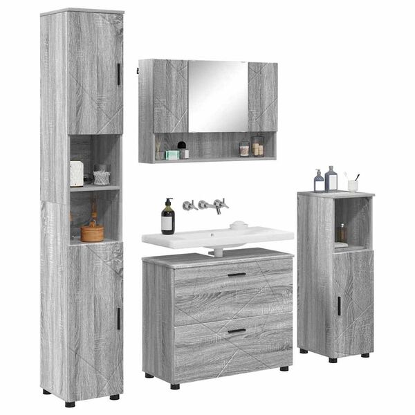 vidaXL Juego de muebles de ba&ntilde;o con caj&oacute;n con puerta 4 pcs Gris Sonoma