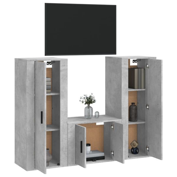 vidaXL Set de muebles de TV 3 pzas madera contrachapada gris hormig&oacute;n