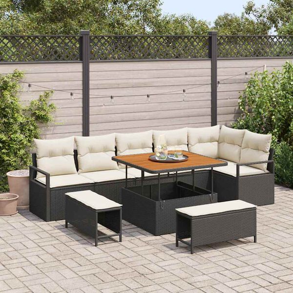 vidaXL Conjunto de sof&aacute; de jard&iacute;n con coj&iacute;n 9 pcs Negro Polirat&aacute;n