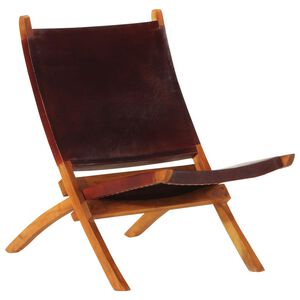 vidaXL Silla plegable de cuero aut&eacute;ntico marr&oacute;n oscuro.