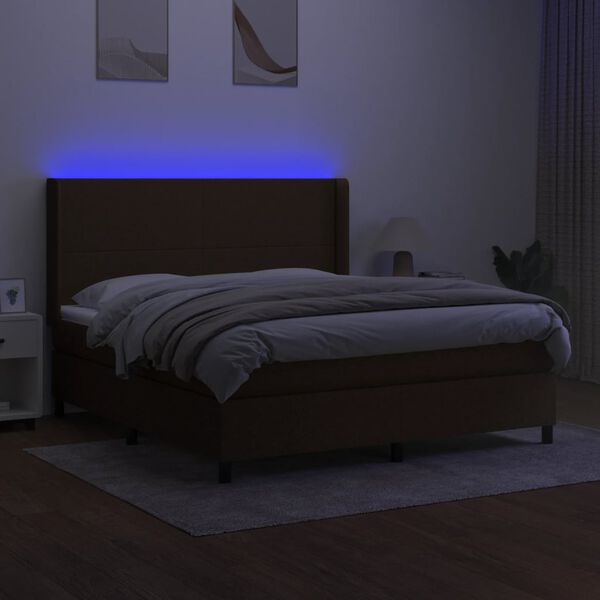vidaXL Cama box spring colch&oacute;n luces LED tela marr&oacute;n oscuro 180x200cm