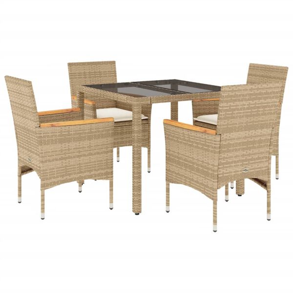 vidaXL Set comedor jard&iacute;n 5 pzas cojines rat&aacute;n sint&eacute;tico vidrio beige