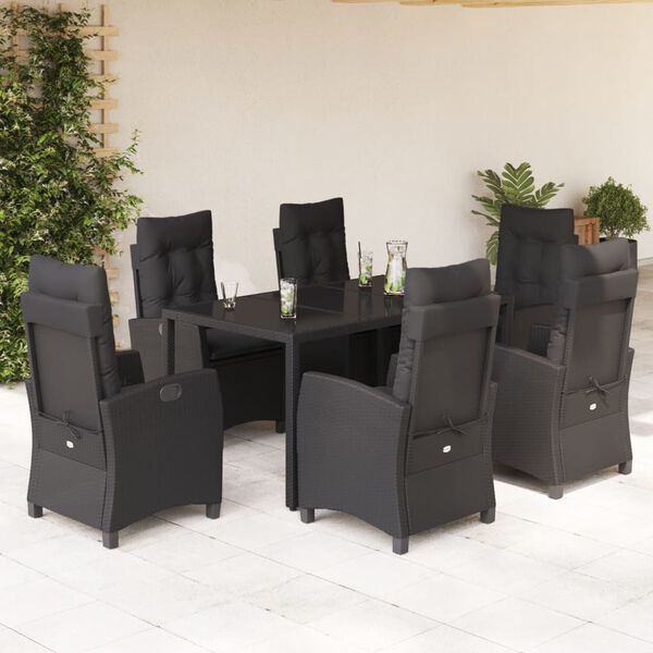 vidaXL Set de comedor de jard&iacute;n 7 pzas y cojines rat&aacute;n sint&eacute;tico negro