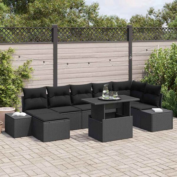 vidaXL Conjunto de sof&aacute; de jard&iacute;n 8 pcs Negro Polirat&aacute;n