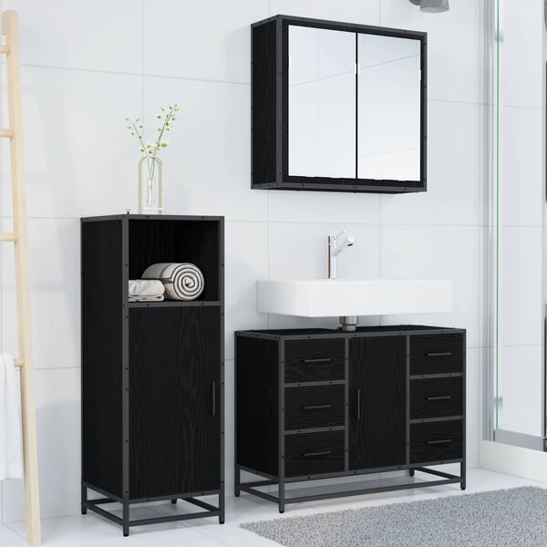 vidaXL Juego de muebles de ba&ntilde;o 3 pcs Roble Negro Madera de ingenier&iacute;a
