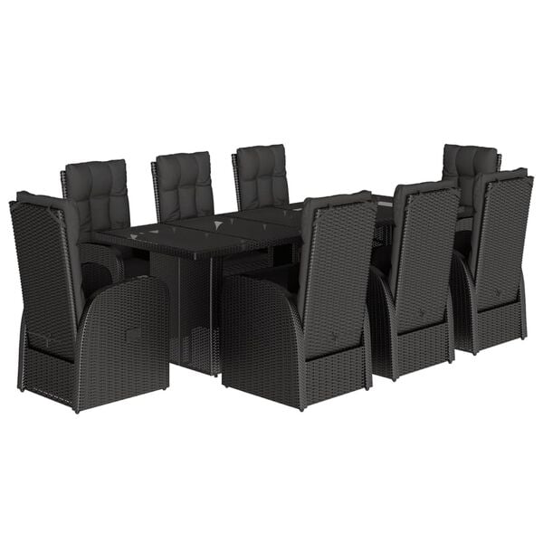 vidaXL Set de comedor de jard&iacute;n 9 pzas y cojines rat&aacute;n sint&eacute;tico negro