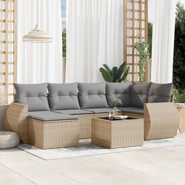 vidaXL Set sof&aacute;s de jard&iacute;n 7 piezas y cojines rat&aacute;n sint&eacute;tico beige