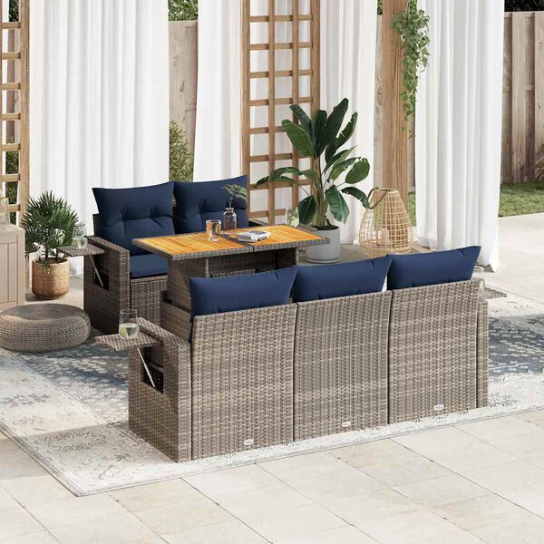 vidaXL Set de muebles de jard&iacute;n 6 pzas y cojines rat&aacute;n sint&eacute;tico gris