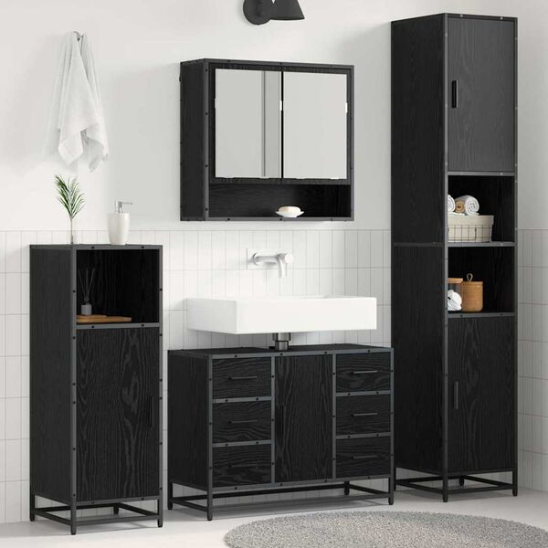 vidaXL Juego de muebles de ba&ntilde;o 4 pcs Roble Negro Madera de ingenier&iacute;a