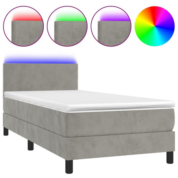 vidaXL Cama box spring colch&oacute;n y LED terciopelo gris claro 90x200 cm
