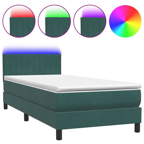 vidaXL Cama box spring con colch&oacute;n y LED terciopelo verde oscuro 100x210 cm