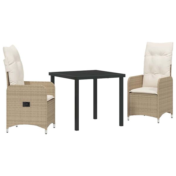 vidaXL Conjunto de Comedor de Jardín con cojín 3 pcs Beige Poliratán