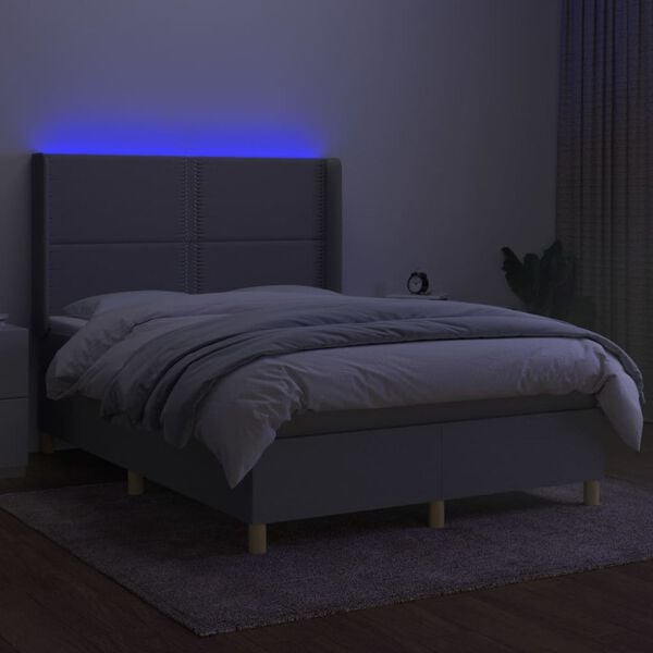 vidaXL Cama box spring colch&oacute;n y luces LED tela gris claro 140x200 cm