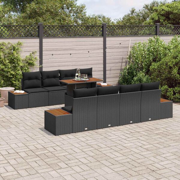 vidaXL Conjunto de sof&aacute; de jard&iacute;n 9 pcs Negro Polirat&aacute;n