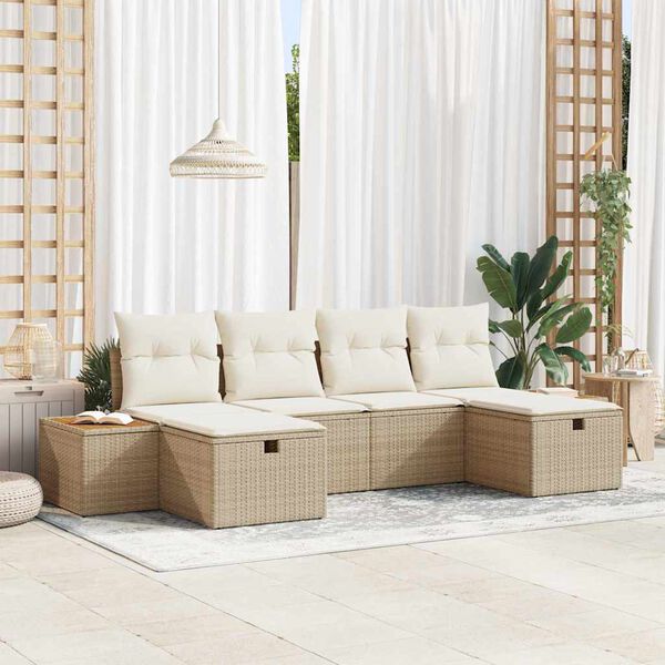 vidaXL Conjunto de sof&aacute; de jard&iacute;n con almohada 6 pcs Beige Polirat&aacute;n