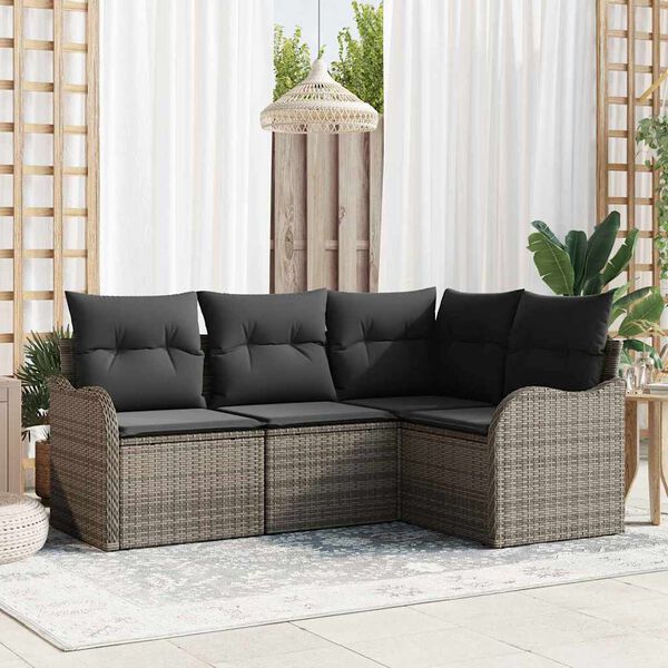 vidaXL Conjunto de sof&aacute; de jard&iacute;n 4 pcs Gris rat&aacute;n sint&eacute;tico