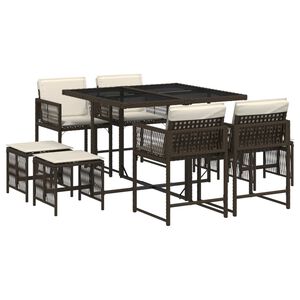 vidaXL Set comedor para jard&iacute;n 9 pzas y cojines rat&aacute;n sint&eacute;tico marr&oacute;n