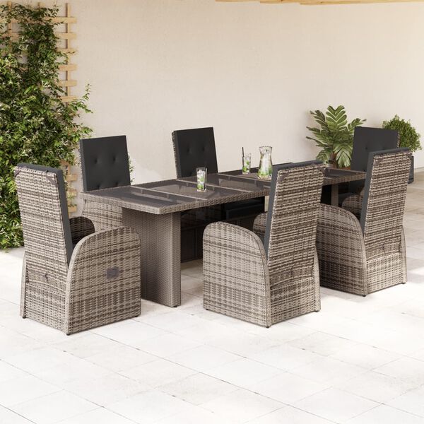 vidaXL Set comedor jard&iacute;n 7 pzas y cojines rat&aacute;n sint&eacute;tico gris