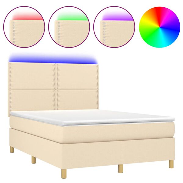 vidaXL Cama box spring colch&oacute;n y luces LED tela crema 140x200 cm