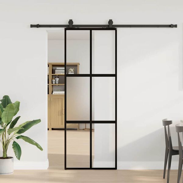 vidaXL Puerta corredera con herrajes negro 76x205 cm vidrio templado