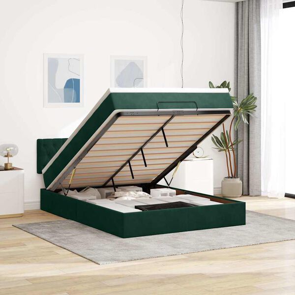 vidaXL Estructura de cama otomana con colch&oacute;n verde oscuro 140x200 cm