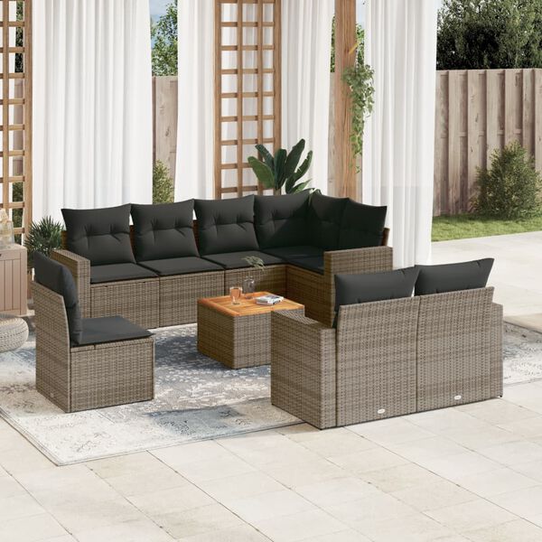 vidaXL Set de muebles de jard&iacute;n 9 pzas y cojines rat&aacute;n sint&eacute;tico gris