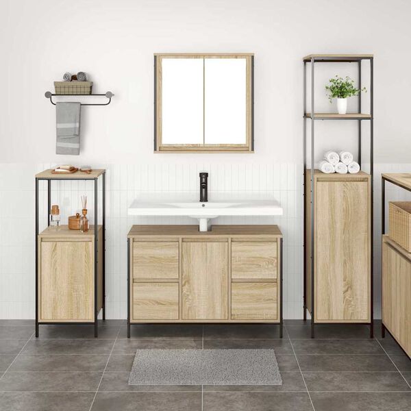 vidaXL Juego de muebles de ba&ntilde;o con caj&oacute;n 3 pcs Roble Sonoma y Negro