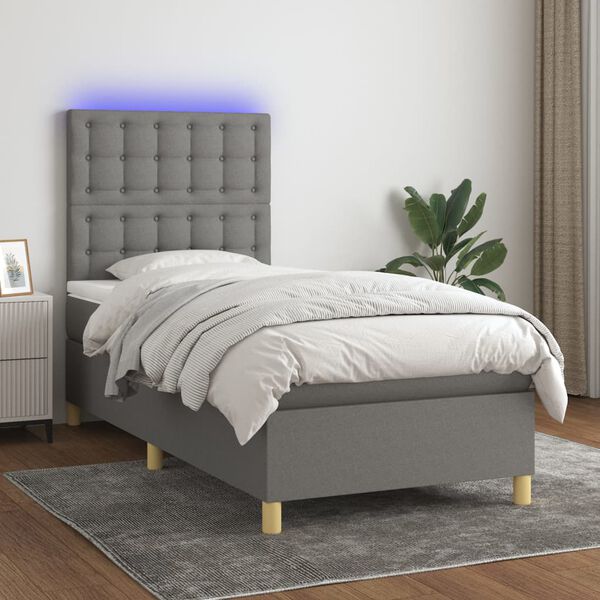 vidaXL Cama box spring colch&oacute;n y luces LED tela gris oscuro 90x200 cm