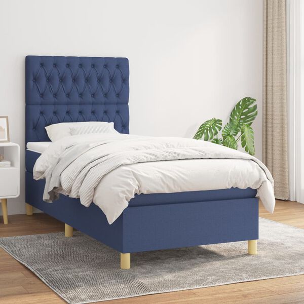 vidaXL Cama box spring con colch&oacute;n tela azul 100x200 cm