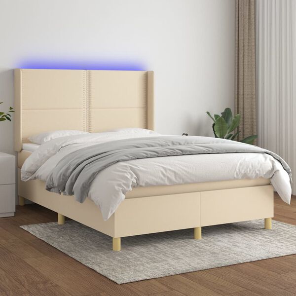 vidaXL Cama box spring colch&oacute;n y luces LED tela crema 140x190 cm